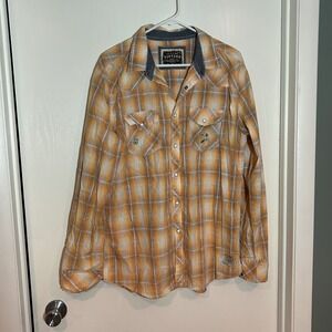 BKE Vintage Mens Standard Fit Plaid Long Sleeve Snap Button Shirt Orange Grey L